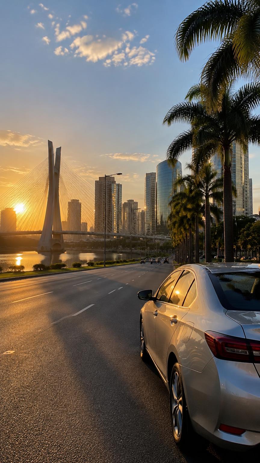 Avenida da cidade com carro ao entardecer